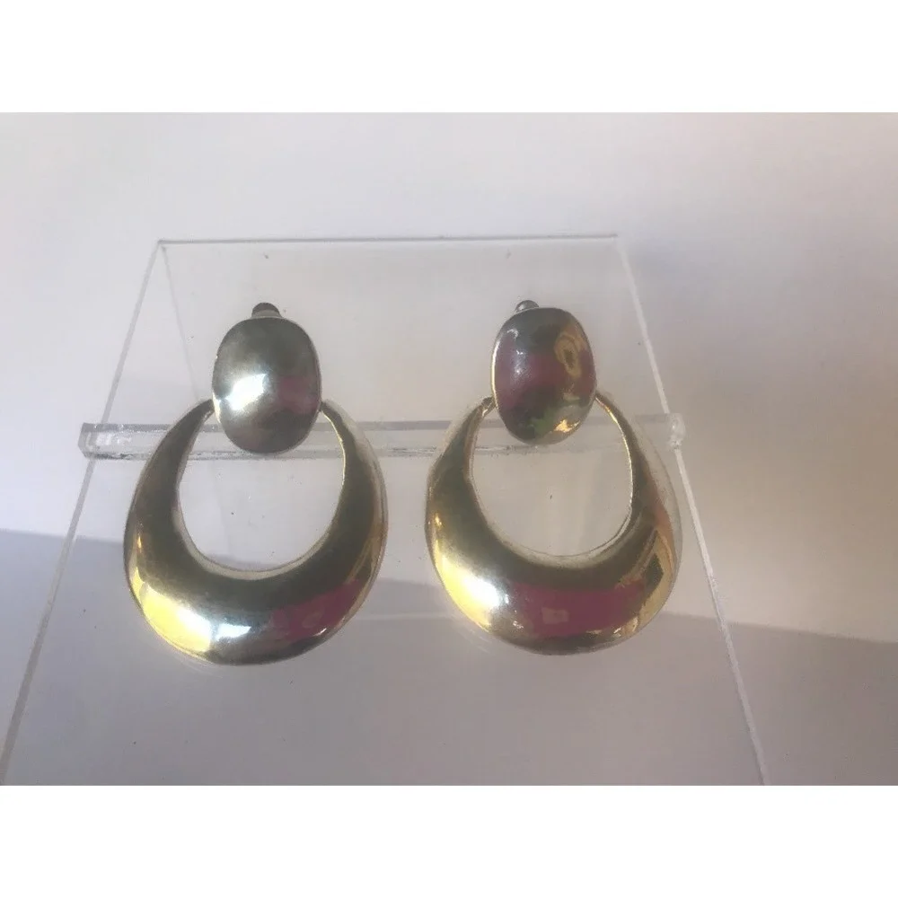 Earrings 1980's look silver tone clip‎ on round circles Dangle Two Tier Chunky